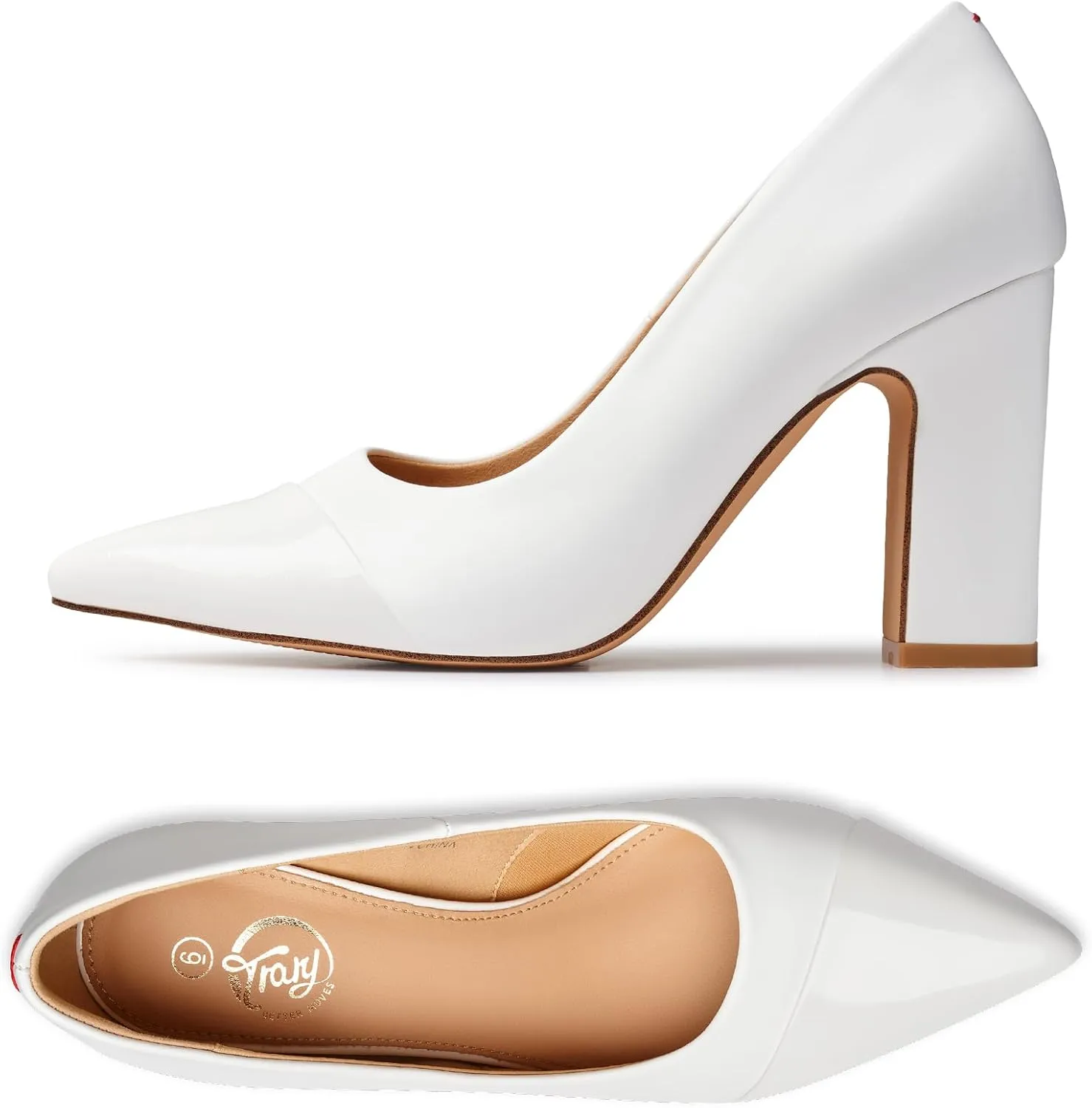 Trary Heels for Women Closed Pointed Toe Chunky Pumps Shoes Women Block High Heels Comfortable Slip-On Dress Office Party Wedding Shoes 3.54" Heel