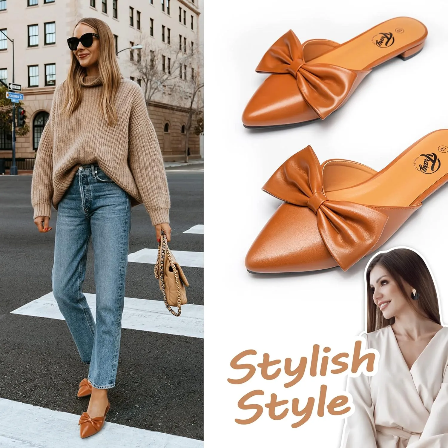 Trary Mules for Women Flats, Pointed Toe Womens Mules with Heels, Black Mules Shoes for Women, Bow Mules Women's Flats, Slip On Flats Flat Mules, Backless Loafers for Women, Women's Mules & Clogs