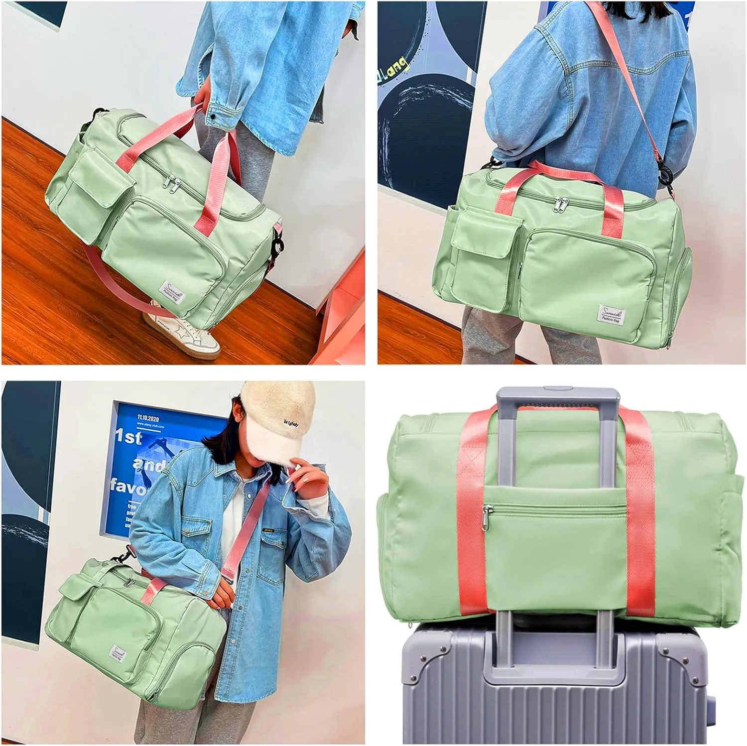 Travel Duffel Bag with Shoes Compartment Sports Gym Bag with Dry Wet Separated Pocket for Men and Women, Overnight Bag Weekender Bag Training Handbag Yoga Bag - Bright Green Pink