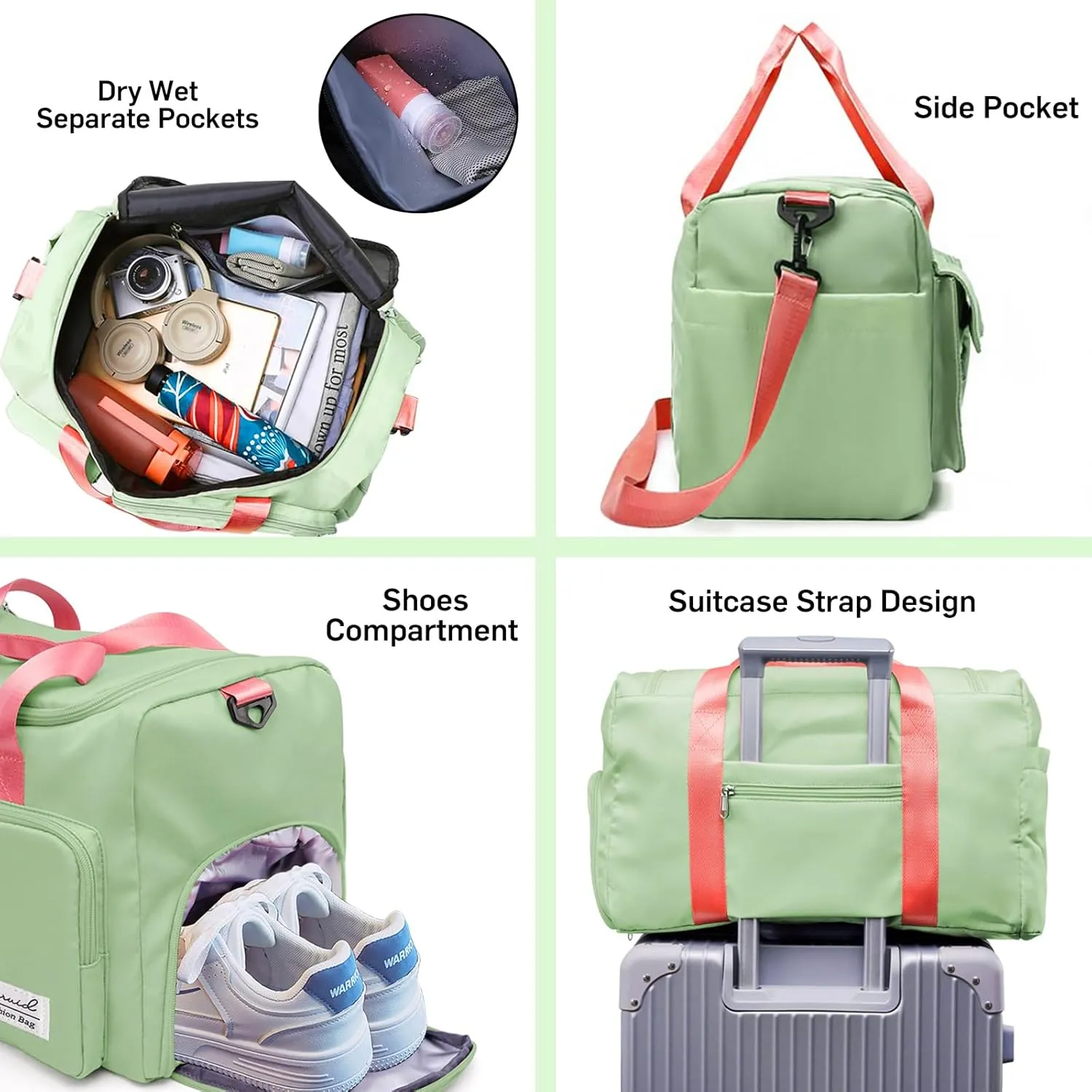 Travel Duffel Bag with Shoes Compartment Sports Gym Bag with Dry Wet Separated Pocket for Men and Women, Overnight Bag Weekender Bag Training Handbag Yoga Bag - Bright Green Pink