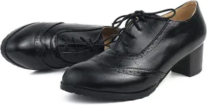 Tscoyuki Women's Wingtip Oxford Shoes Lace Up Chunky Mid-Heel Vintage Perforated Brogues Oxfords Heels Dress Pumps Office Shoes