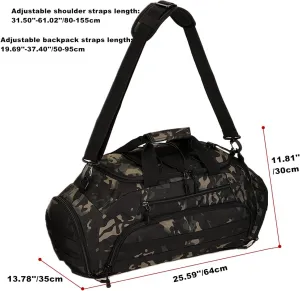 UNISTRENGH 3-Ways Tactical Military Nylon Men Holdall Weekend Travel Duffel Bag Backpack Messenger Shoulder Bags Rucksack Handbag (Black camo-45L)
