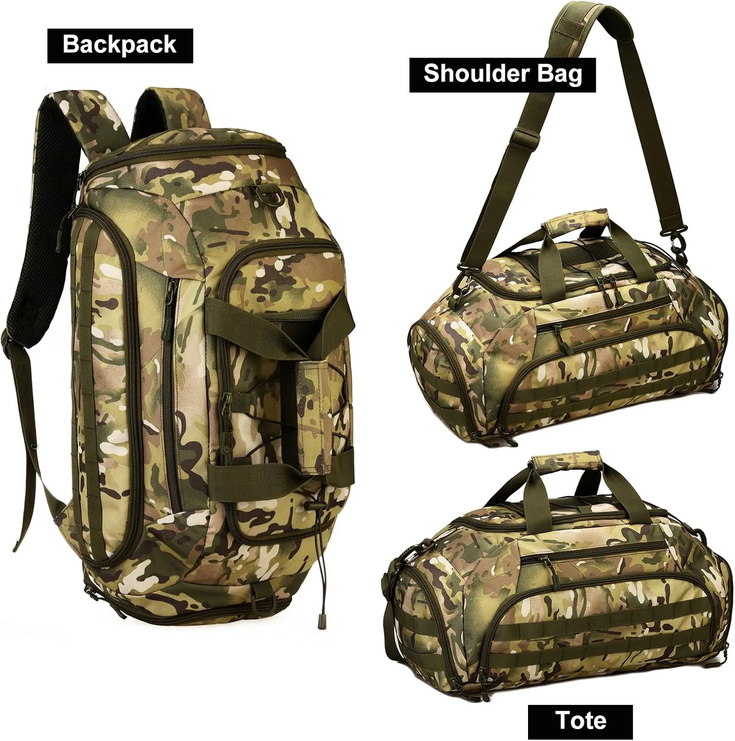 UNISTRENGH 3-Ways Tactical Military Nylon Men Holdall Weekend Travel Duffel Bag Backpack Messenger Shoulder Bags Rucksack Handbag (CP Camouflage)