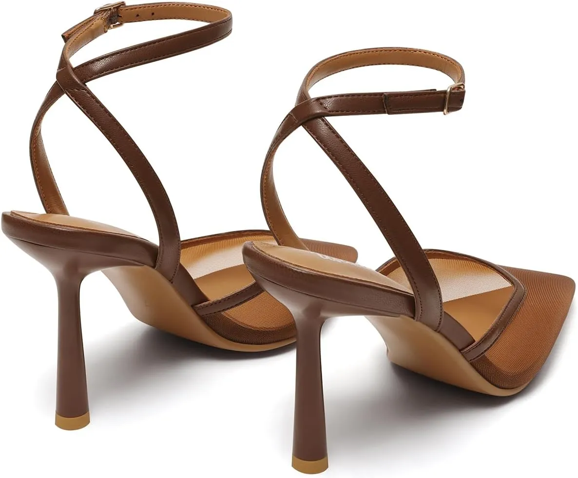 USIMAD Mesh Stiletto Heels for Women with Closed Pointed Toe Ankle Strap