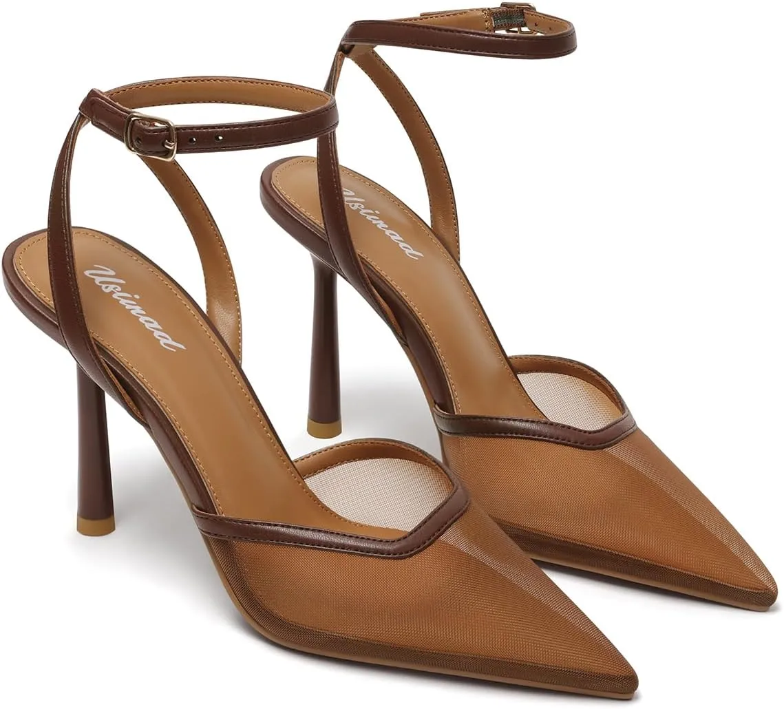 USIMAD Mesh Stiletto Heels for Women with Closed Pointed Toe Ankle Strap