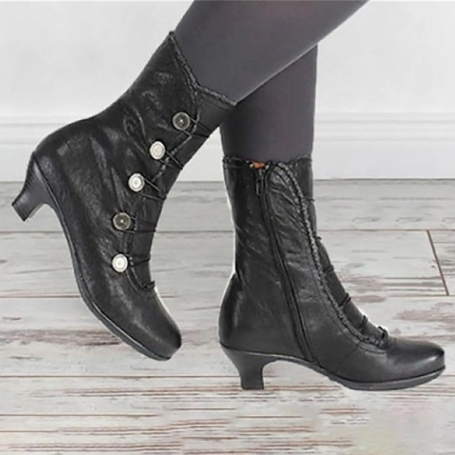 Victorian Boots Women's Ankle Boots Low Heels Lace Buttons Round Toe Side Zipper Vintage Short Boots Autumn Winter Shoes