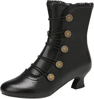 Victorian Boots Women's Ankle Boots Low Heels Lace Buttons Round Toe Side Zipper Vintage Short Boots Autumn Winter Shoes