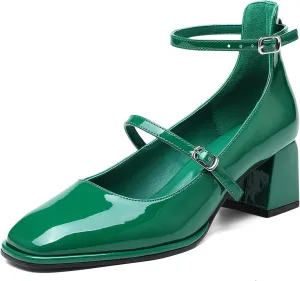 Vintage Patent Mary Jane Pumps, Women's Chunky Heel