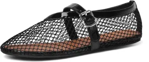 vivianly Mesh Ballet Flats Shoes for Women Flats Comfortable Dressy Round Toe Mesh Flats Fishnet Mary Jane Flats for Events Party Leisure