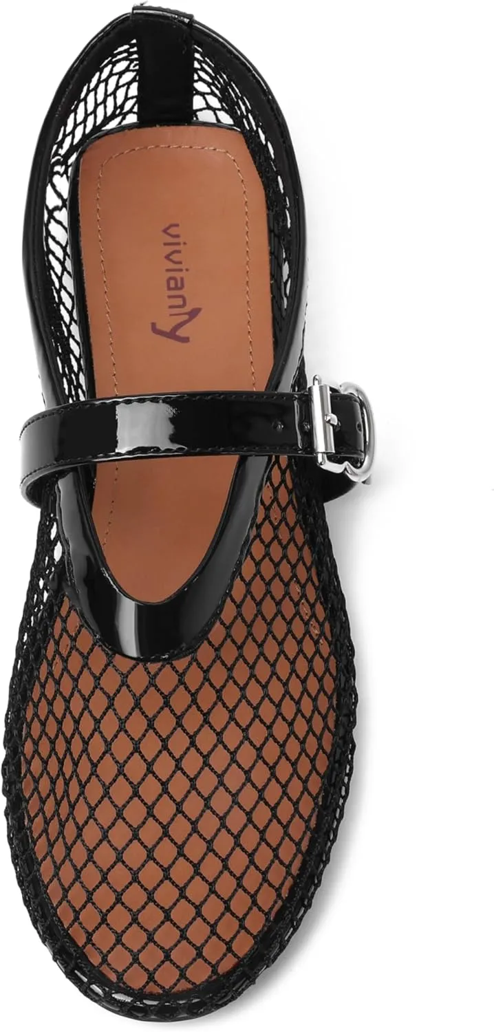 vivianly Mesh Ballet Flats Shoes for Women Flats Comfortable Dressy Round Toe Mesh Flats Fishnet Mary Jane Flats for Events Party Leisure
