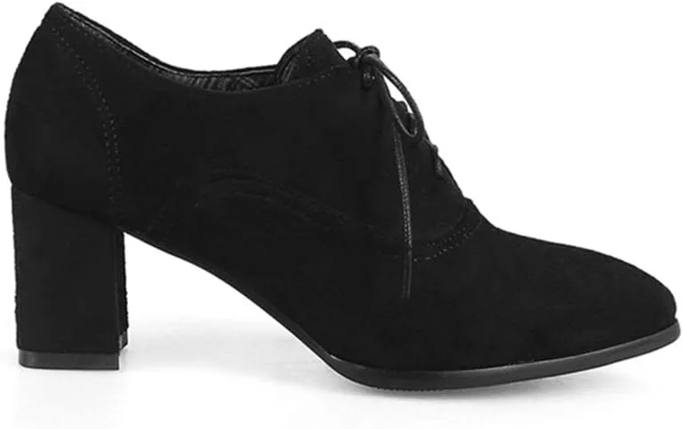 VOKLIN Women's Pointed Toe Lace Up Pump Oxfords Suede Vintage Brogue Chunky Block Mid Heel Office Dress Shoes