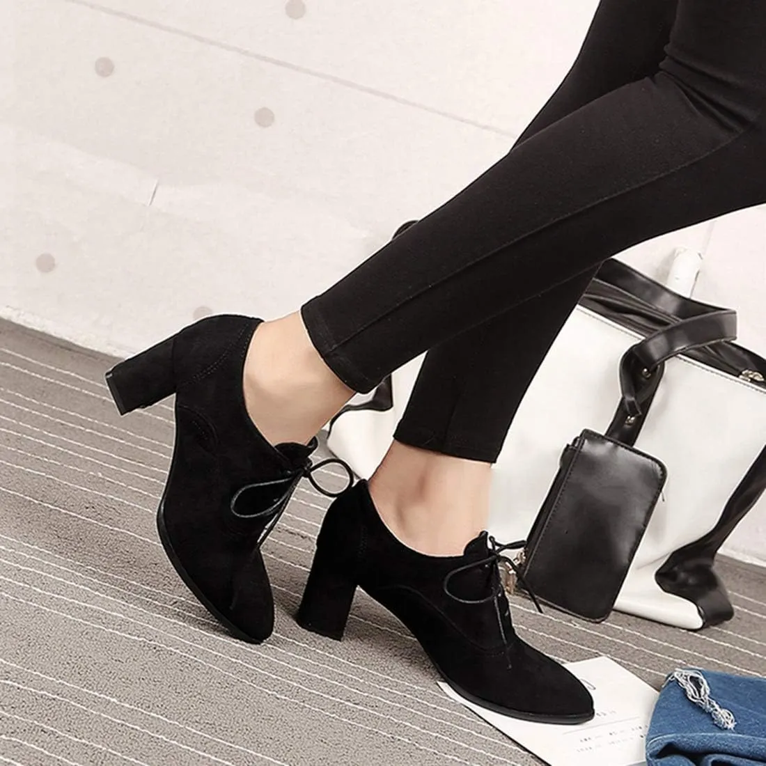 VOKLIN Women's Pointed Toe Lace Up Pump Oxfords Suede Vintage Brogue Chunky Block Mid Heel Office Dress Shoes