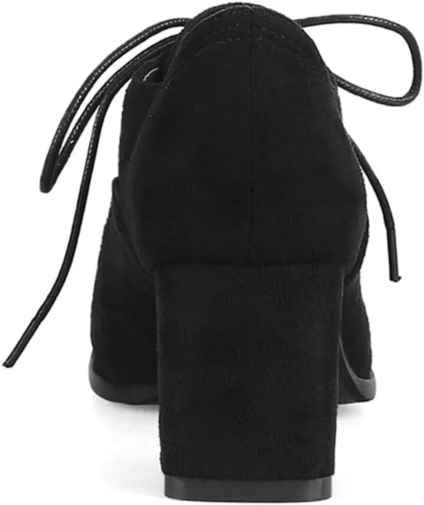VOKLIN Women's Pointed Toe Lace Up Pump Oxfords Suede Vintage Brogue Chunky Block Mid Heel Office Dress Shoes