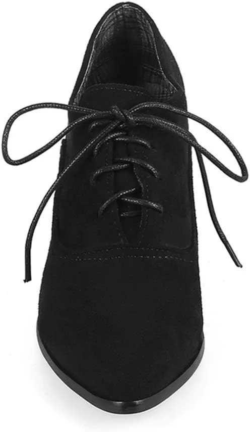 VOKLIN Women's Pointed Toe Lace Up Pump Oxfords Suede Vintage Brogue Chunky Block Mid Heel Office Dress Shoes