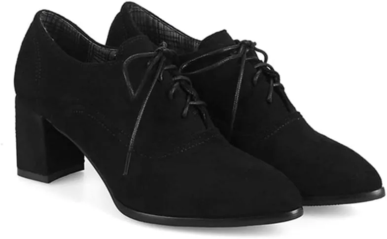 VOKLIN Women's Pointed Toe Lace Up Pump Oxfords Suede Vintage Brogue Chunky Block Mid Heel Office Dress Shoes