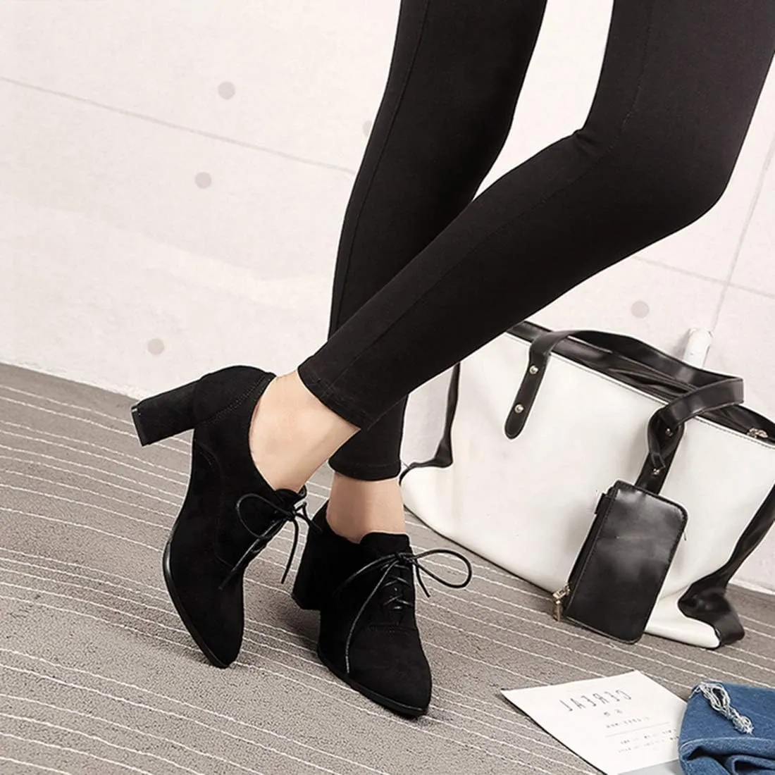 VOKLIN Women's Pointed Toe Lace Up Pump Oxfords Suede Vintage Brogue Chunky Block Mid Heel Office Dress Shoes