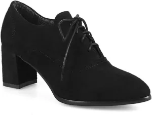 VOKLIN Women's Pointed Toe Lace Up Pump Oxfords Suede Vintage Brogue Chunky Block Mid Heel Office Dress Shoes