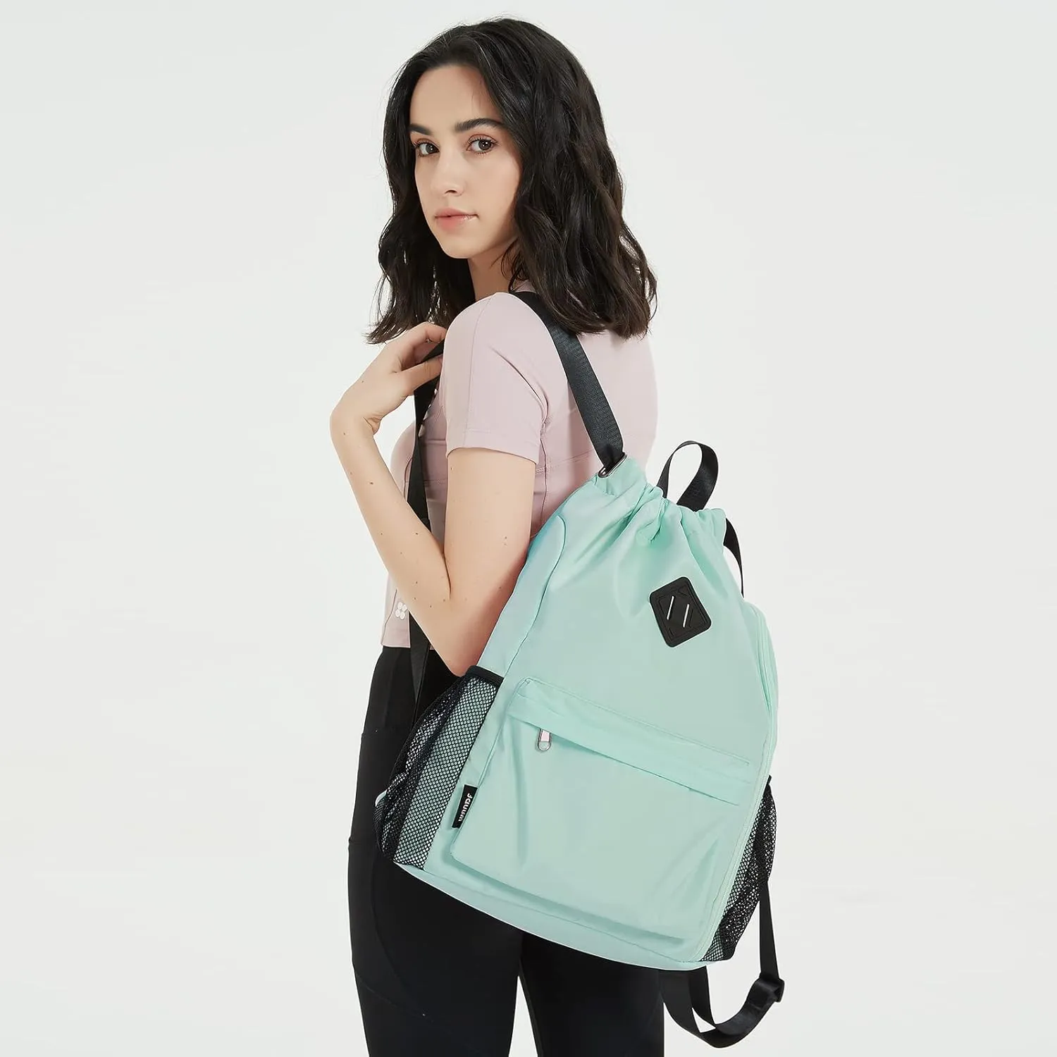 WANDF Drawstring Backpack Sports Gym Bag with Shoes Compartment, Water-Resistant String Backpack Cinch for Women Men (Large,Mint green)