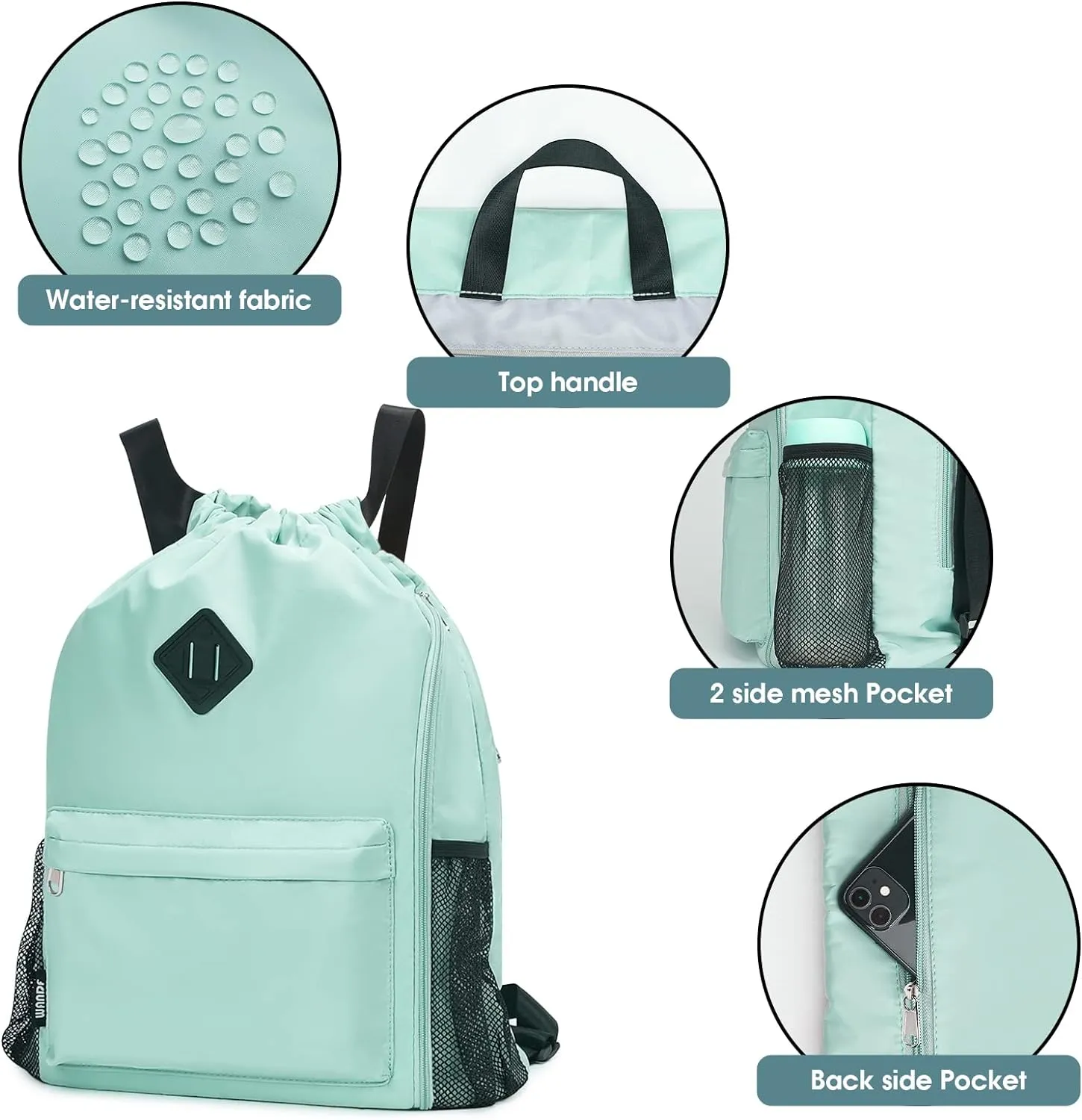 WANDF Drawstring Backpack Sports Gym Bag with Shoes Compartment, Water-Resistant String Backpack Cinch for Women Men (Large,Mint green)
