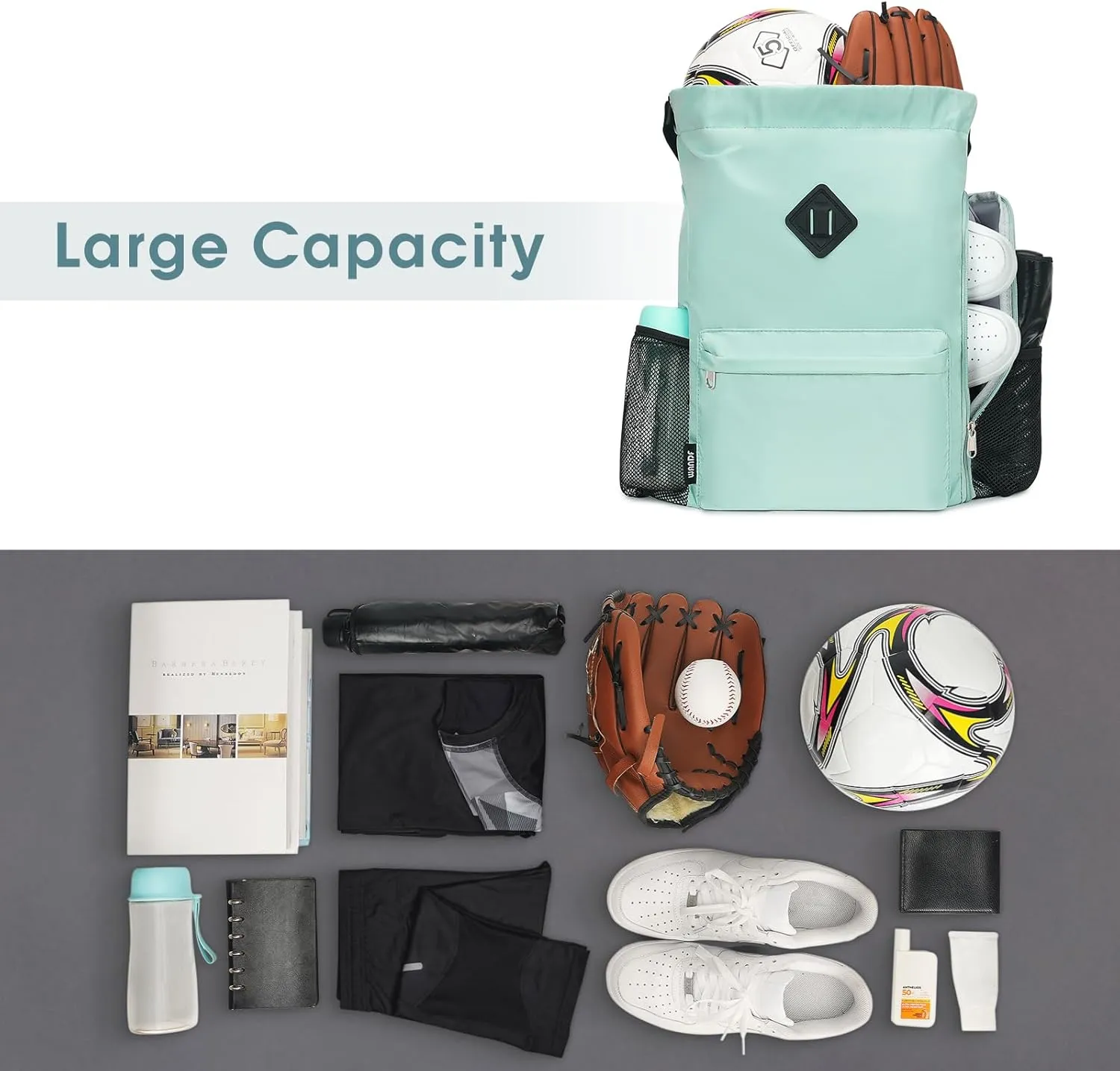 WANDF Drawstring Backpack Sports Gym Bag with Shoes Compartment, Water-Resistant String Backpack Cinch for Women Men (Large,Mint green)