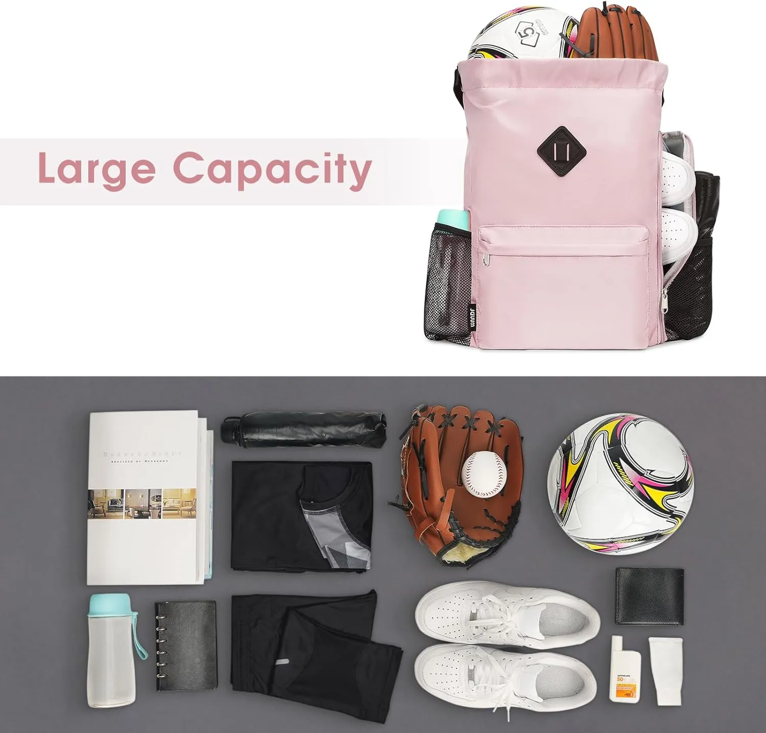 WANDF Drawstring Backpack Sports Gym Bag with Shoes Compartment, Water-Resistant String Backpack Cinch for Women Men (Large,Pink)