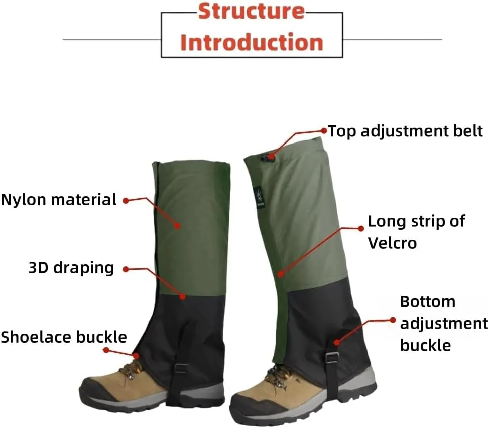 Waterproof Hiking Gaiters,Snow Boot Gaiters with Rubber Foot Strap,Lightweight and Adjustable,for Men and Women Hiking,Skiing,Mountaineering,Walking,etc.