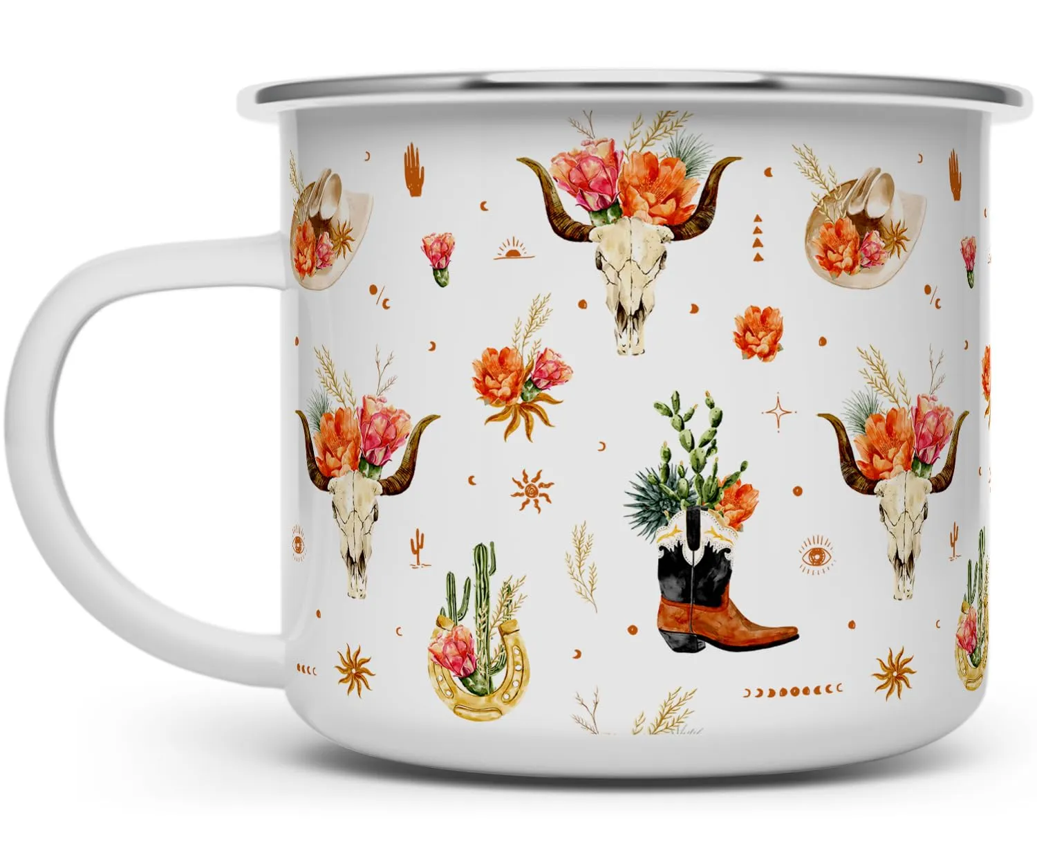 Western Desert Floral Boho Campfire Mug, Country Cowboy Boot Cow Skull Camping Cup (16oz)