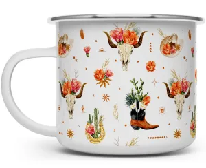 Western Desert Floral Boho Campfire Mug, Country Cowboy Boot Cow Skull Camping Cup (16oz)