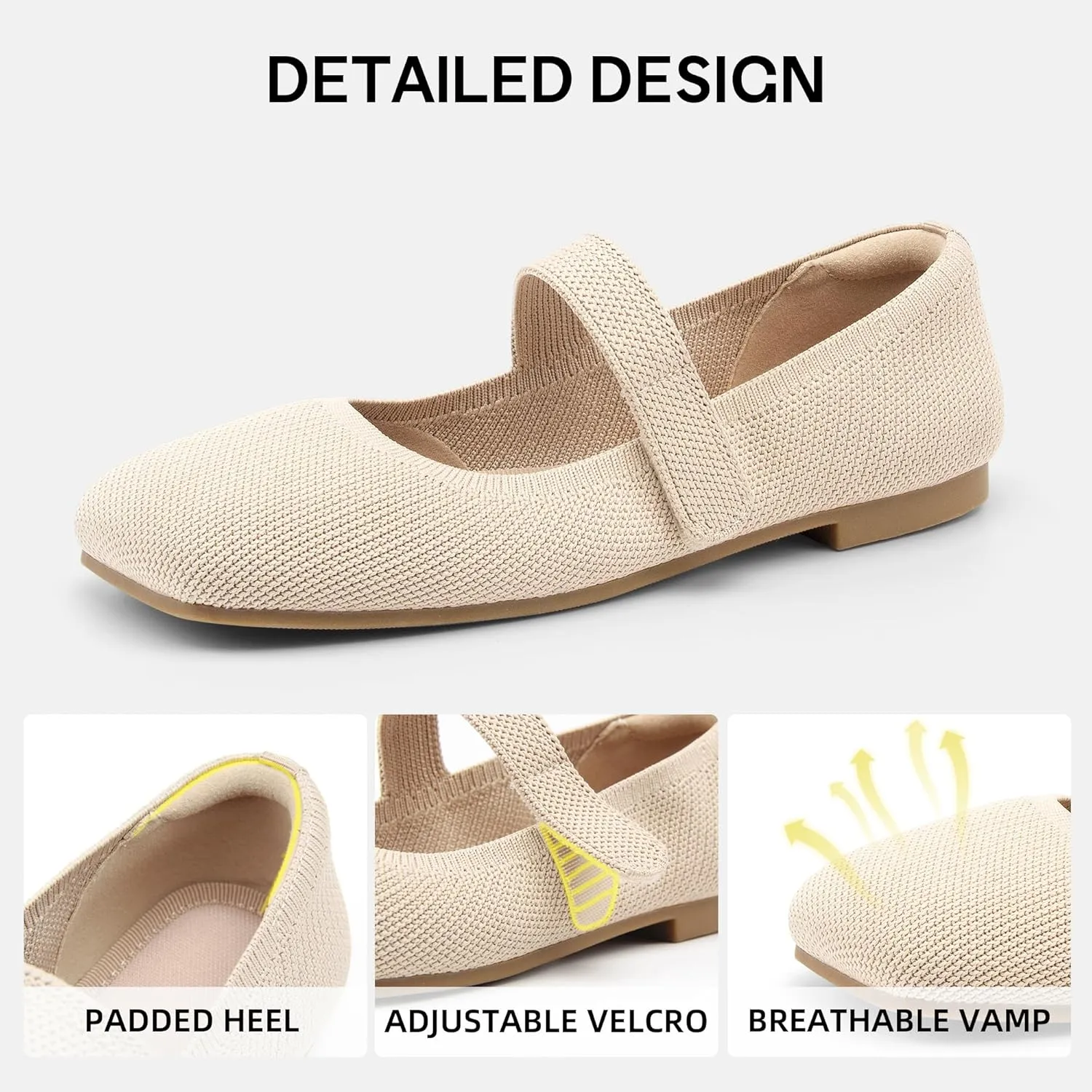 Wide Toe Box Flats Women Comfort Slip On Ballet Shoes Mary Jane Dressy Knit Flats with Adjustable Straps Washable Casual Office