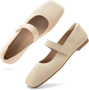 Wide Toe Box Flats Women Comfort Slip On Ballet Shoes Mary Jane Dressy Knit Flats with Adjustable Straps Washable Casual Office