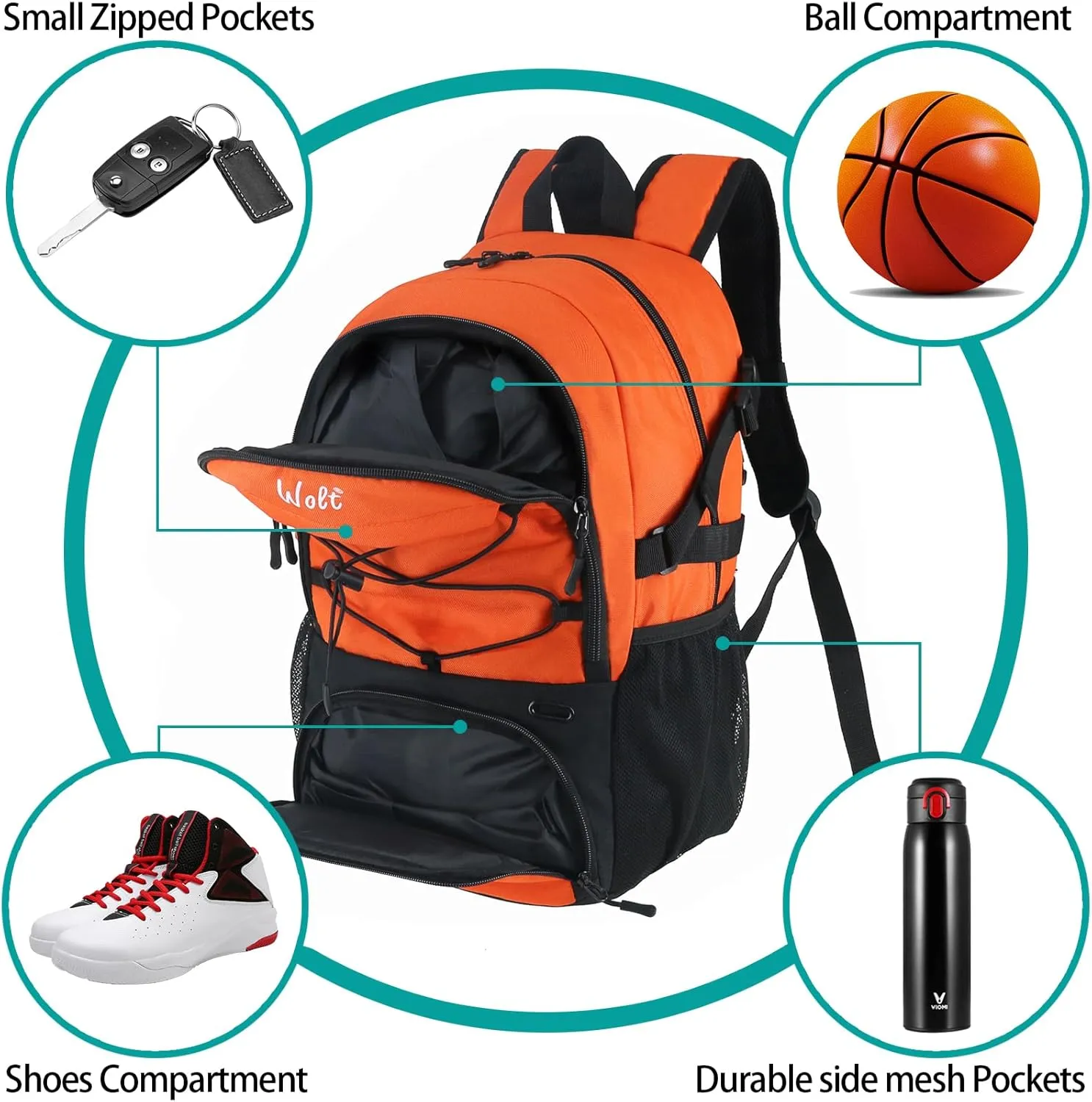WOLT Basketball Backpack Large Sports Bag with Separate Ball Holder & Shoes Compartment, Best for Basketball, Soccer,Gym