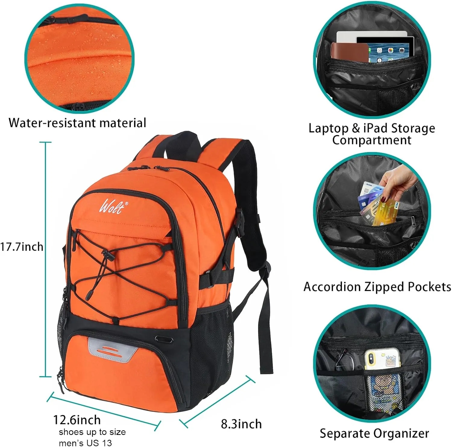 WOLT Basketball Backpack Large Sports Bag with Separate Ball Holder & Shoes Compartment, Best for Basketball, Soccer,Gym