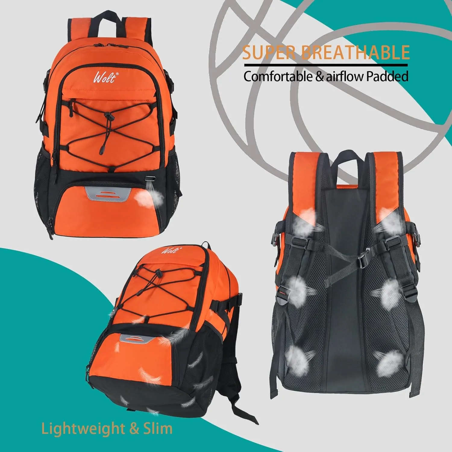 WOLT Basketball Backpack Large Sports Bag with Separate Ball Holder & Shoes Compartment, Best for Basketball, Soccer,Gym