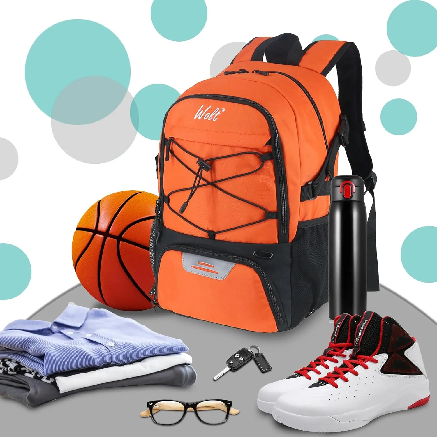 WOLT Basketball Backpack Large Sports Bag with Separate Ball Holder & Shoes Compartment, Best for Basketball, Soccer,Gym