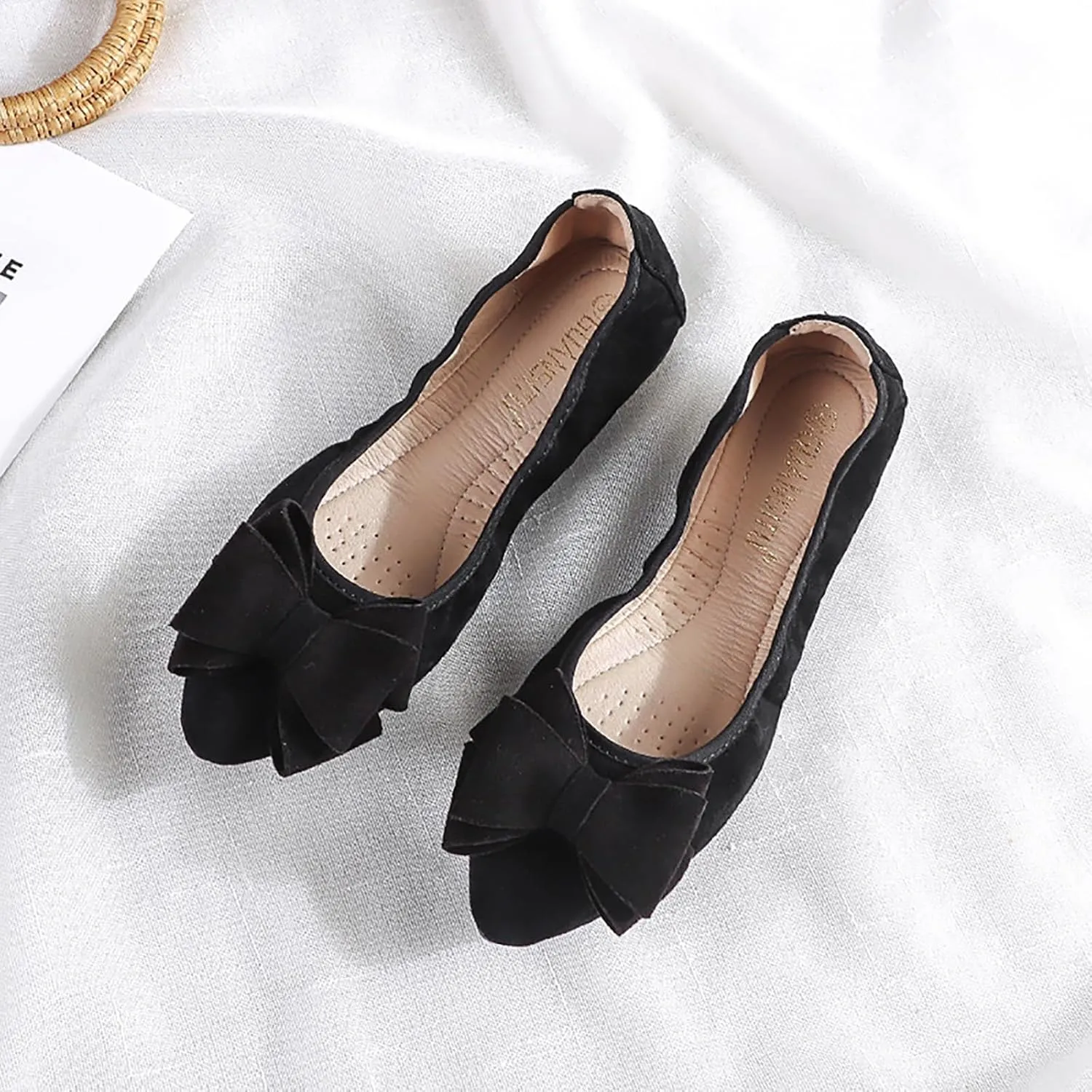 Women Ballet Flats Fashion Bowknot Suede Comfort Pointed Toe Slip On Dress Shoes