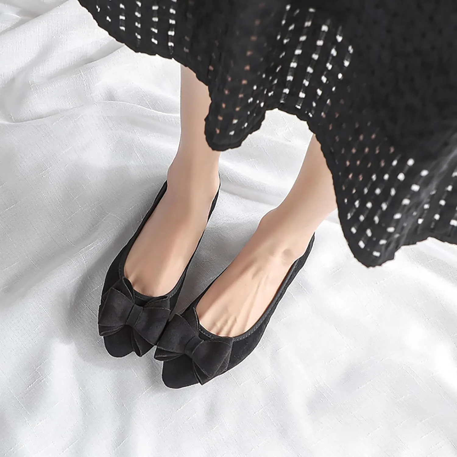 Women Ballet Flats Fashion Bowknot Suede Comfort Pointed Toe Slip On Dress Shoes