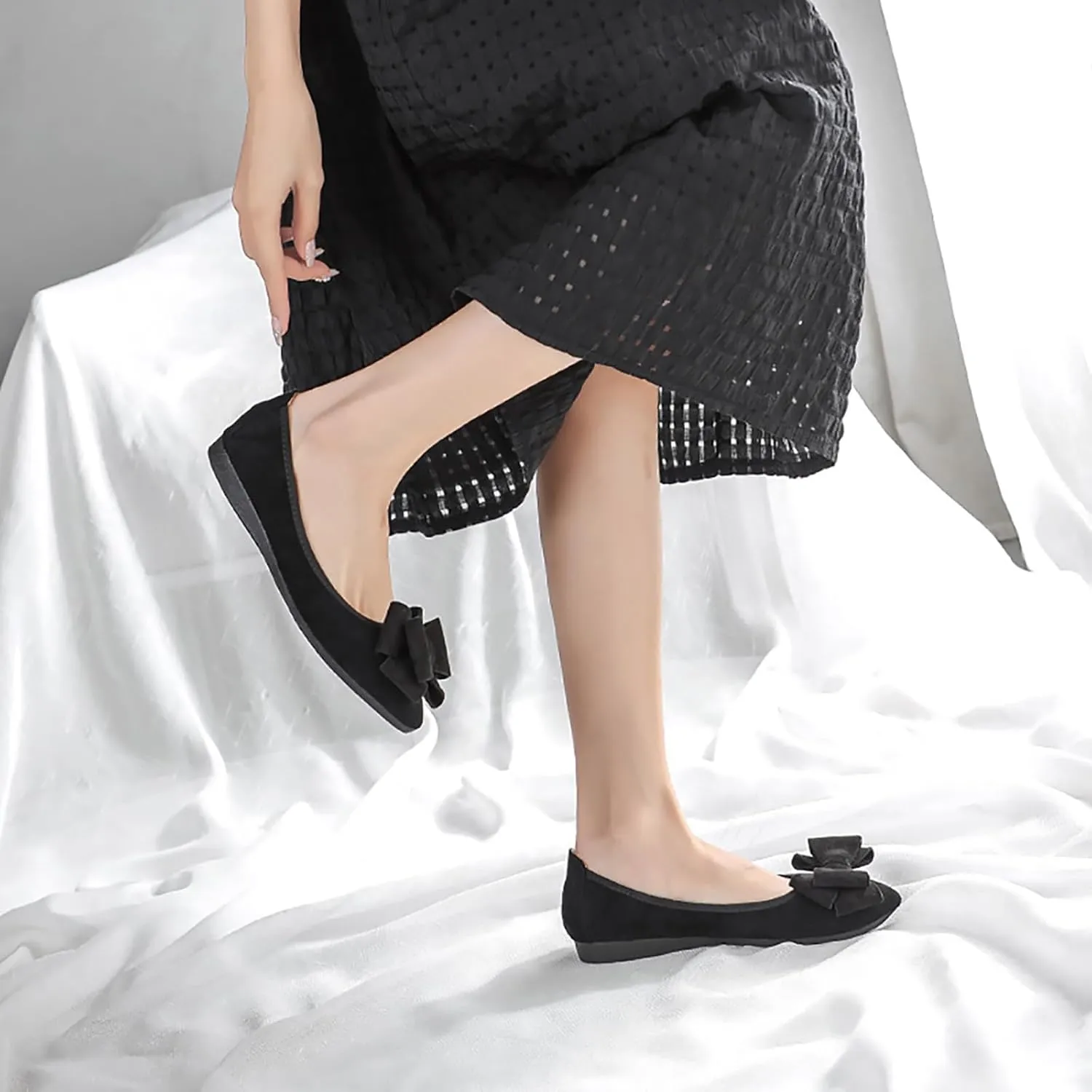 Women Ballet Flats Fashion Bowknot Suede Comfort Pointed Toe Slip On Dress Shoes