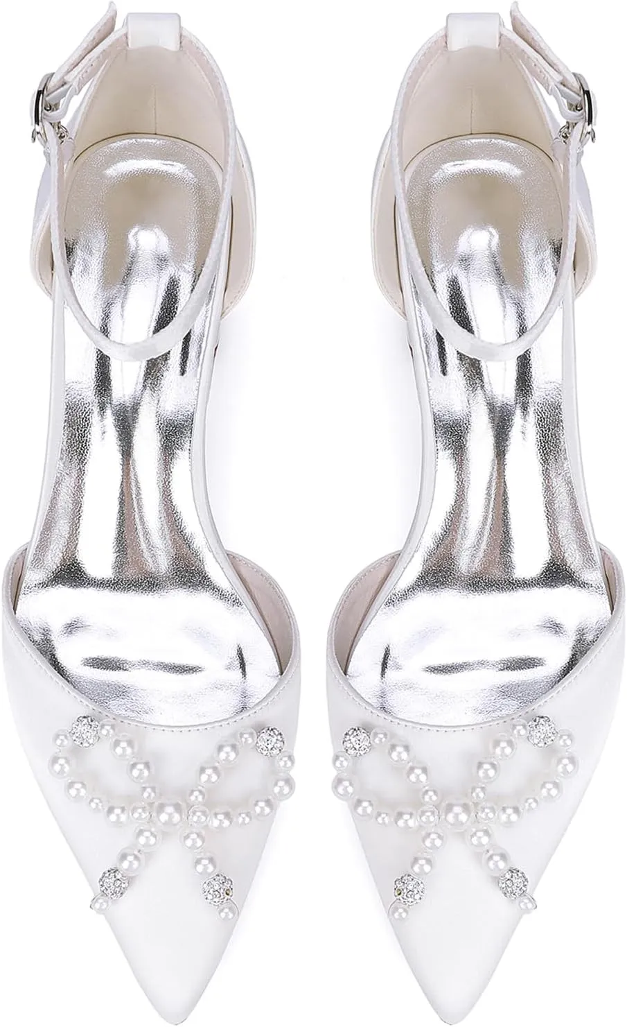 Women Classic Pointed Toe D'orsay Wedding Flat Sandals Sparkly Pearls Ankle Strap Satin Low Heel Dress Shoes