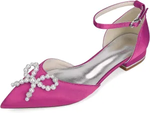 Women Classic Pointed Toe D'orsay Wedding Flat Sandals Sparkly Pearls Ankle Strap Satin Low Heel Dress Shoes
