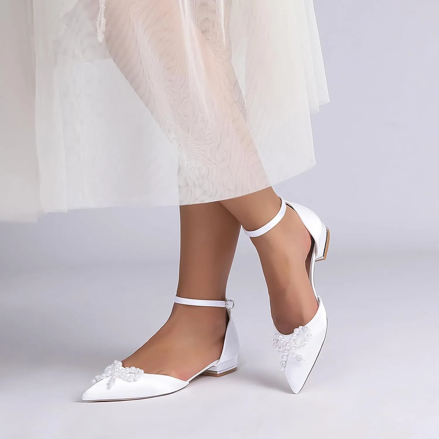 Women Classic Pointed Toe D'orsay Wedding Flat Sandals Sparkly Pearls Ankle Strap Satin Low Heel Dress Shoes