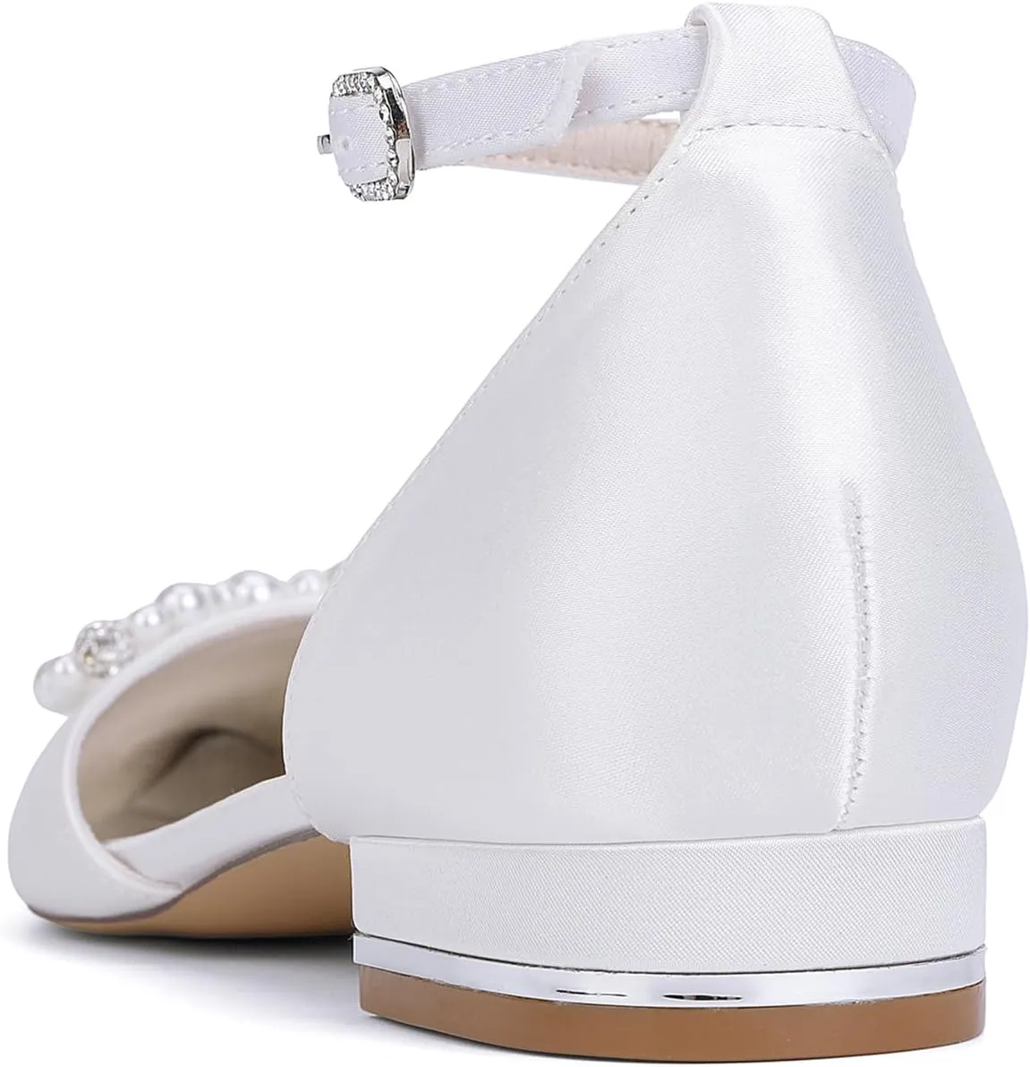 Women Classic Pointed Toe D'orsay Wedding Flat Sandals Sparkly Pearls Ankle Strap Satin Low Heel Dress Shoes