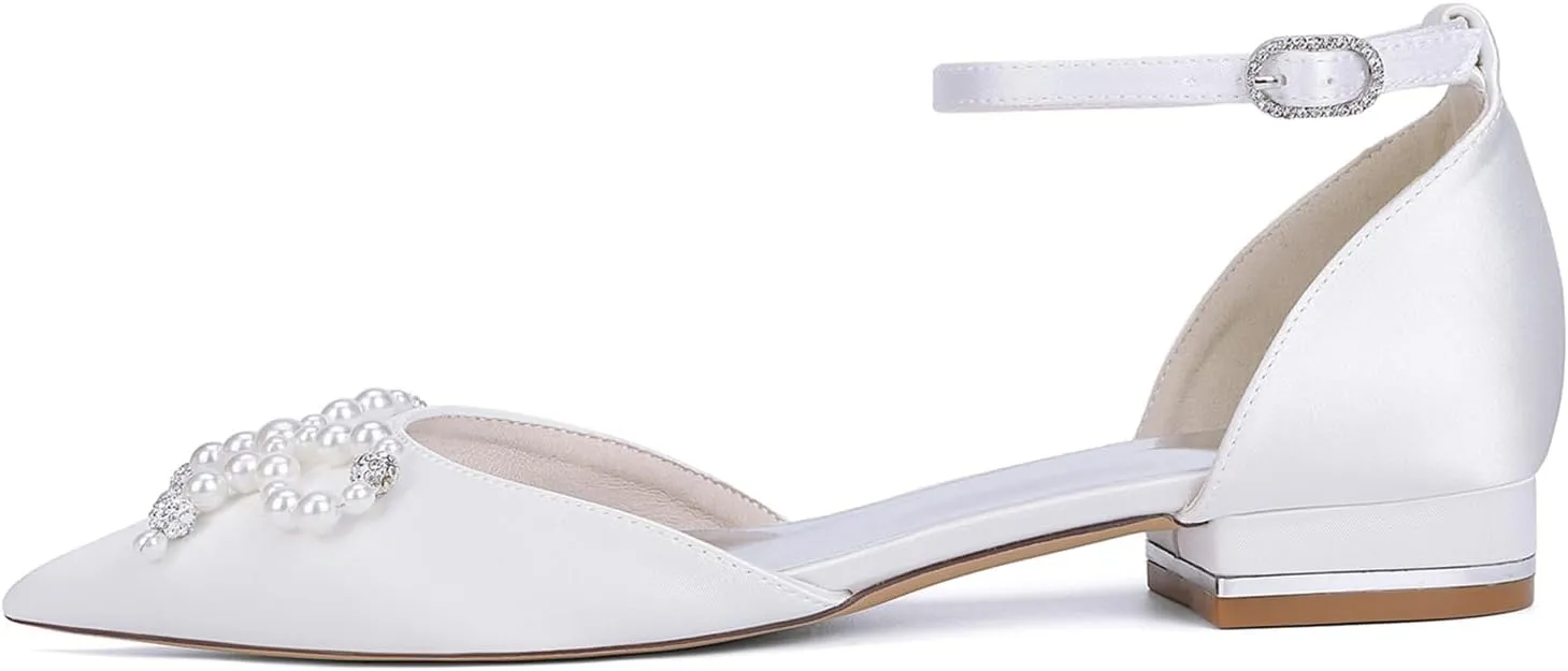 Women Classic Pointed Toe D'orsay Wedding Flat Sandals Sparkly Pearls Ankle Strap Satin Low Heel Dress Shoes