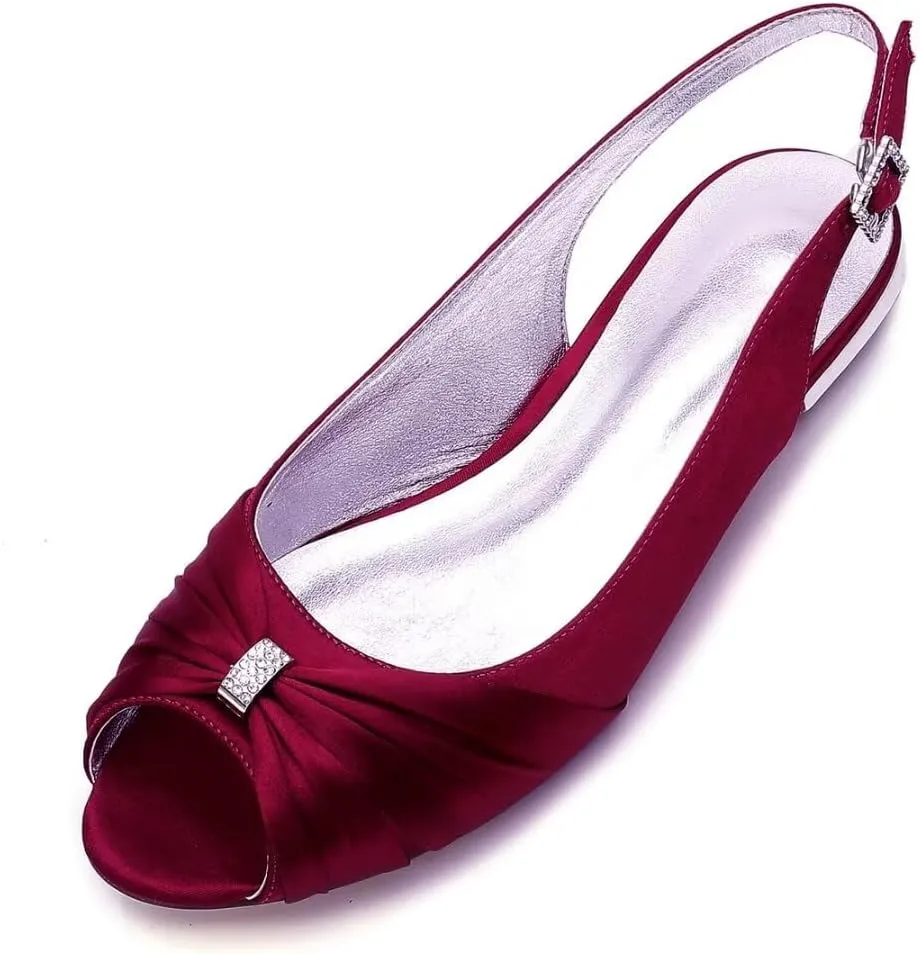 Women Comfort Flat Satin Wedding Shoes Peep Toe Buckle Strap Bridal Evening Party Flats Shoes