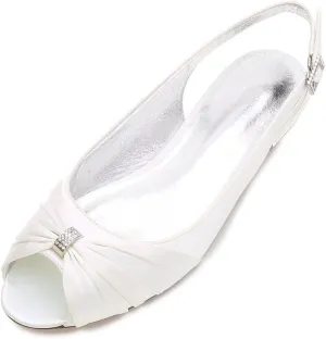 Women Comfort Flat Satin Wedding Shoes Peep Toe Buckle Strap Bridal Evening Party Flats Shoes
