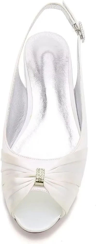 Women Comfort Flat Satin Wedding Shoes Peep Toe Buckle Strap Bridal Evening Party Flats Shoes