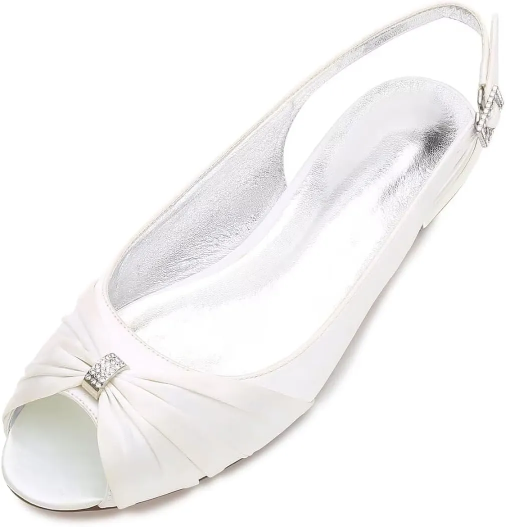 Women Comfort Flat Satin Wedding Shoes Peep Toe Buckle Strap Bridal Evening Party Flats Shoes