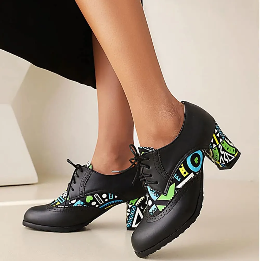 Women Fashion Chunky High Heels Brogue Classic Goth Pumps
