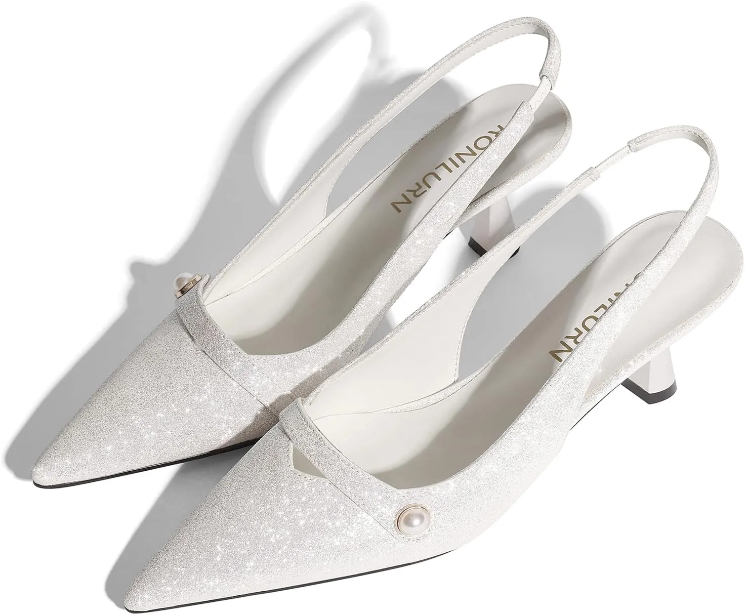 Women Kitten Heels Slingback Low Heel Pumps Dress Shoes for Women Closed Pointed Toe Pearl Heels for Work Wedding Bridal