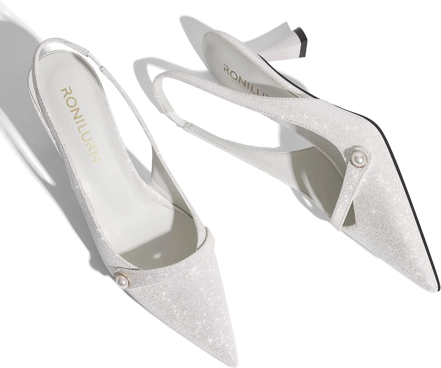 Women Kitten Heels Slingback Low Heel Pumps Dress Shoes for Women Closed Pointed Toe Pearl Heels for Work Wedding Bridal
