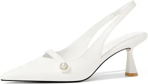 Women Kitten Heels Slingback Low Heel Pumps Dress Shoes for Women Closed Pointed Toe Pearl Heels for Work Wedding Bridal